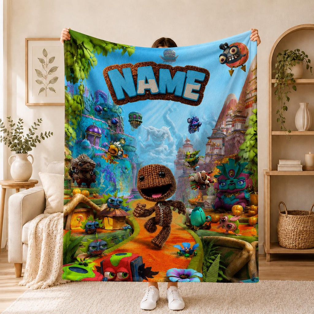 Custom Name Knitted Ragdoll Blanket, Adventure Game Throw Sackboy World Art