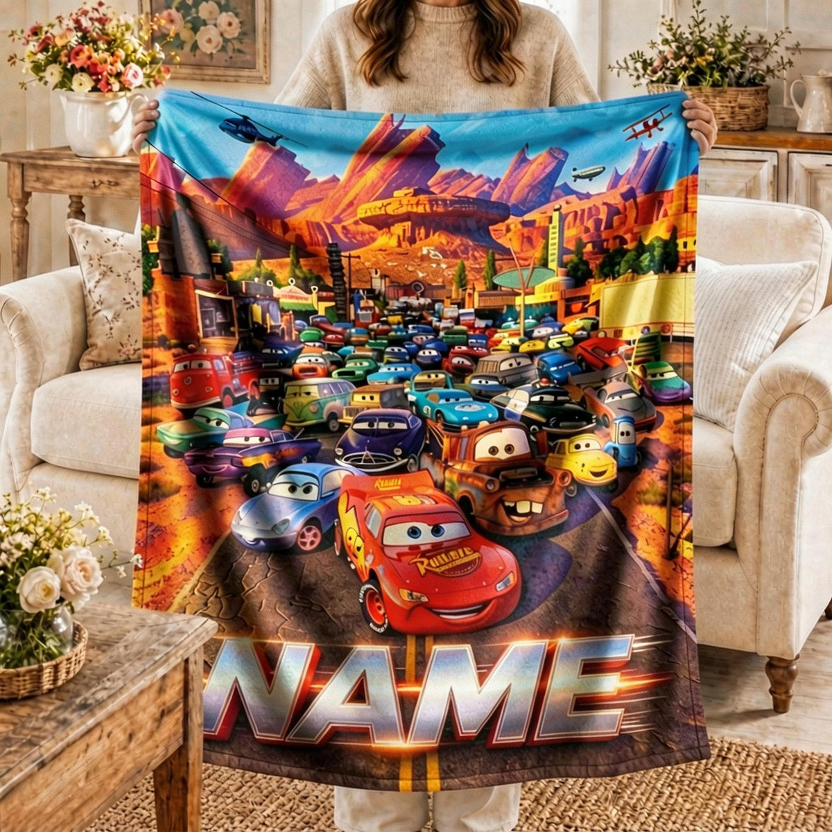 Youth Custom‑Name Race Car Blanket Soft Throw, Personalized Printed Bedding