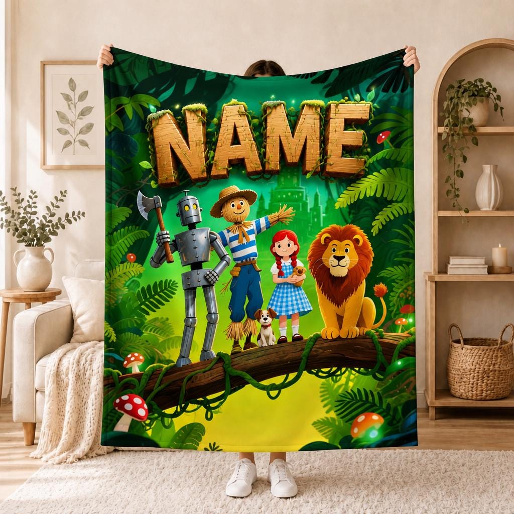 Kids Custom‑Name Oz Fantasy Tale Blanket Soft Throw, Scenario Printed Bedding