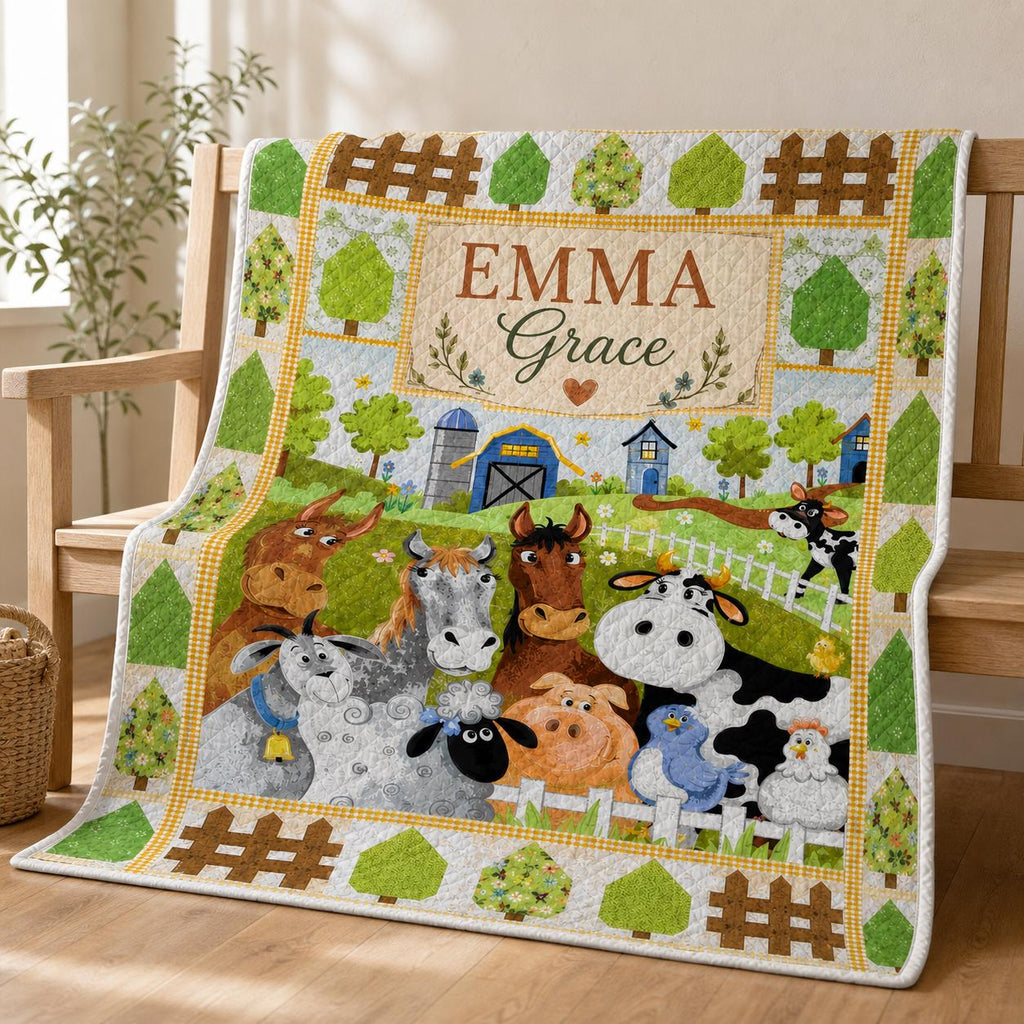 Personalized Farm Animal Quilt, Custom Baby Name Blanket, Barnyard Nursery Decor
