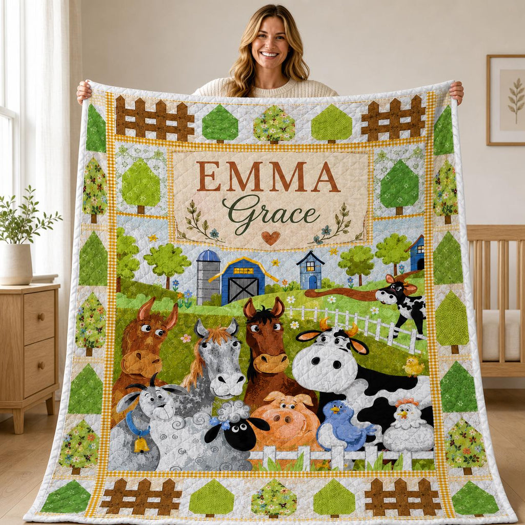 Personalized Farm Animal Quilt, Custom Baby Name Blanket, Barnyard Nursery Decor