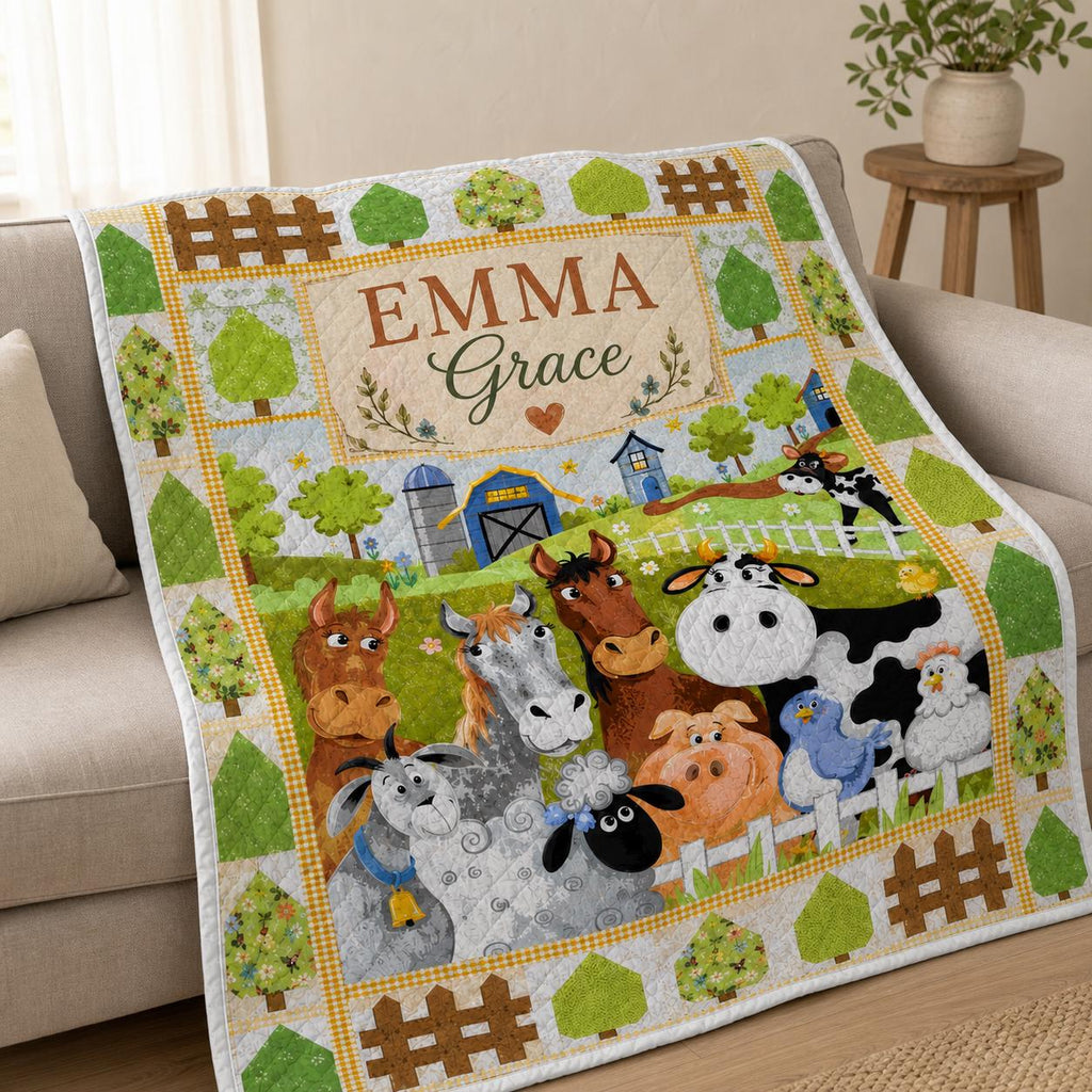 Personalized Farm Animal Quilt, Custom Baby Name Blanket, Barnyard Nursery Decor