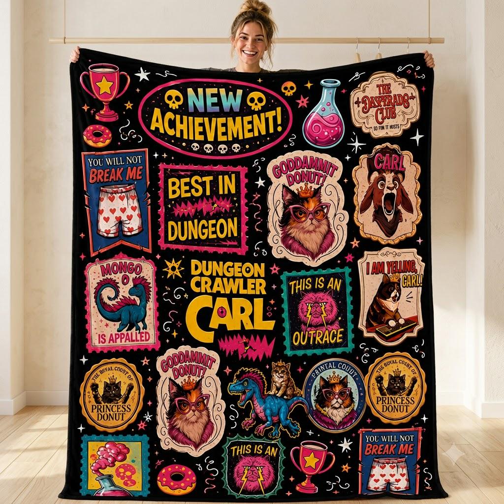 Dungeon Crawler Blanket, New Achievement Throw Blanket, DCC Fan Gift, Nerd Fantasy Blanket, Gamer Fleece Blanket, Cozy Gaming Decor