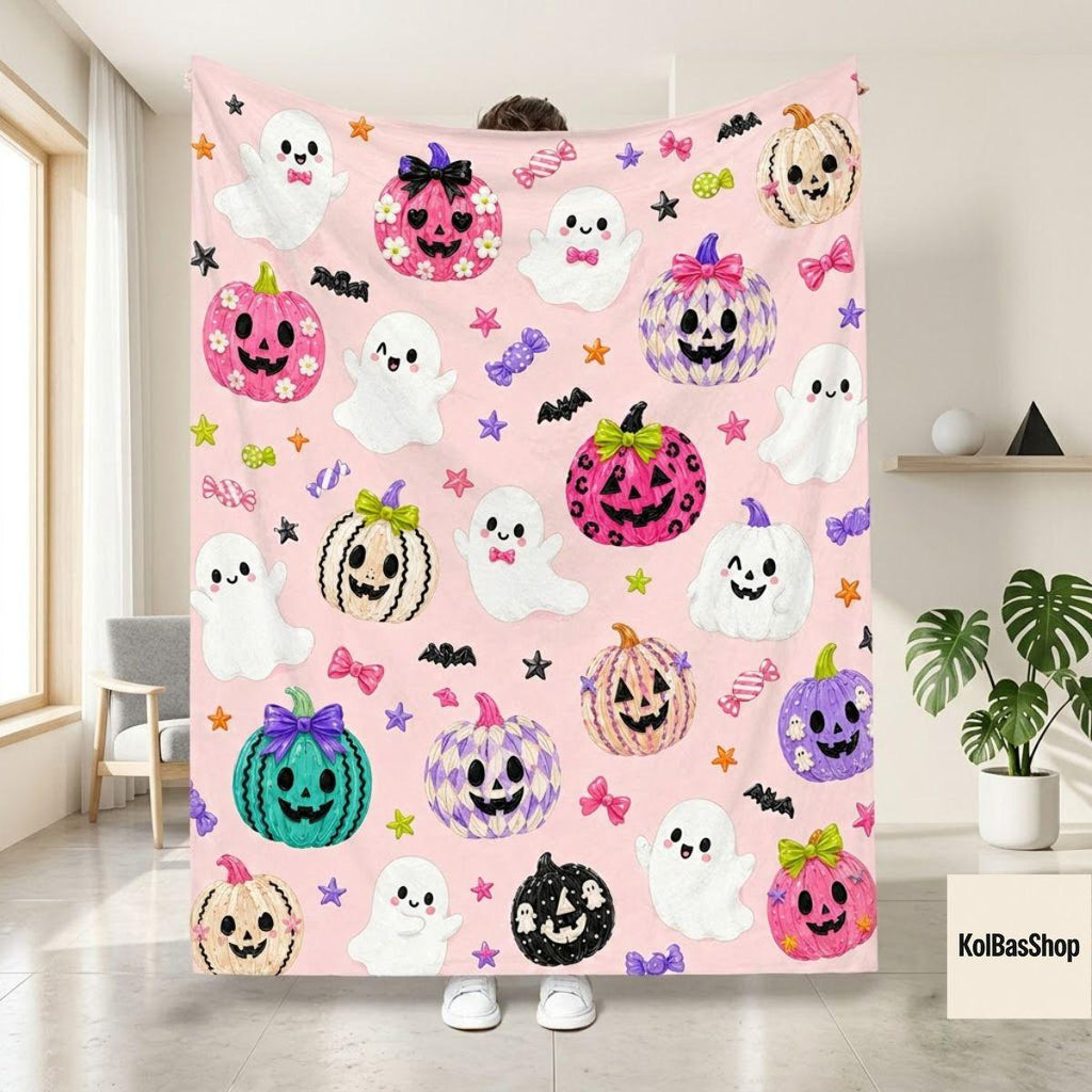Cute Halloween Blanket, Pink Ghost Pumpkin Throw, Kawaii Jack O Lantern Design, Spooky Fall Home Decor, Halloween Gift for Kids