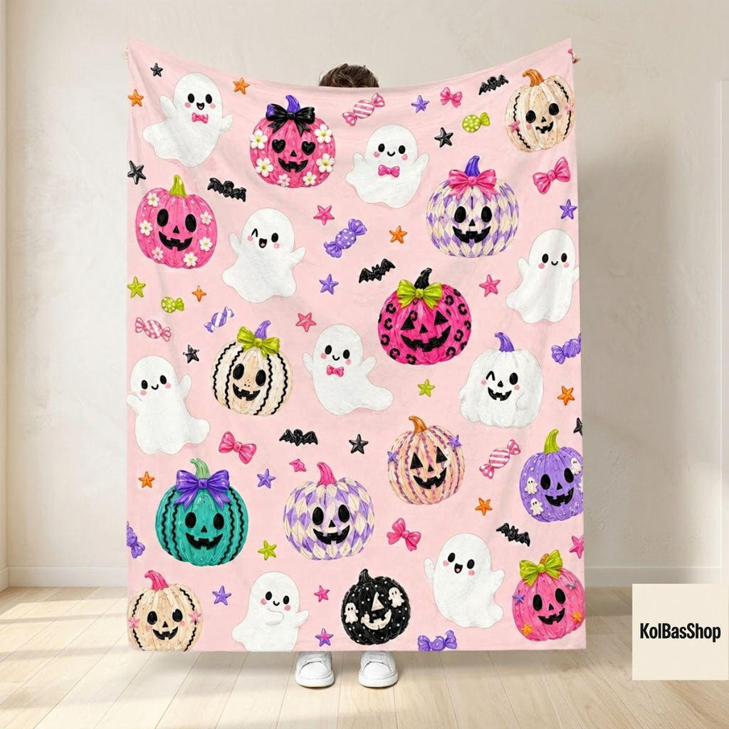 Cute Halloween Blanket, Pink Ghost Pumpkin Throw, Kawaii Jack O Lantern Design, Spooky Fall Home Decor, Halloween Gift for Kids