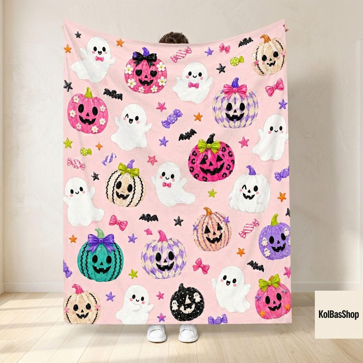 Cute Halloween Blanket, Pink Ghost Pumpkin Throw, Kawaii Jack O Lantern Design, Spooky Fall Home Decor, Halloween Gift for Kids