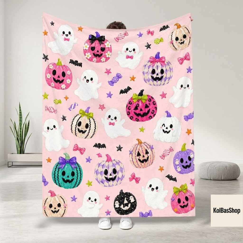 Cute Halloween Blanket, Pink Ghost Pumpkin Throw, Kawaii Jack O Lantern Design, Spooky Fall Home Decor, Halloween Gift for Kids