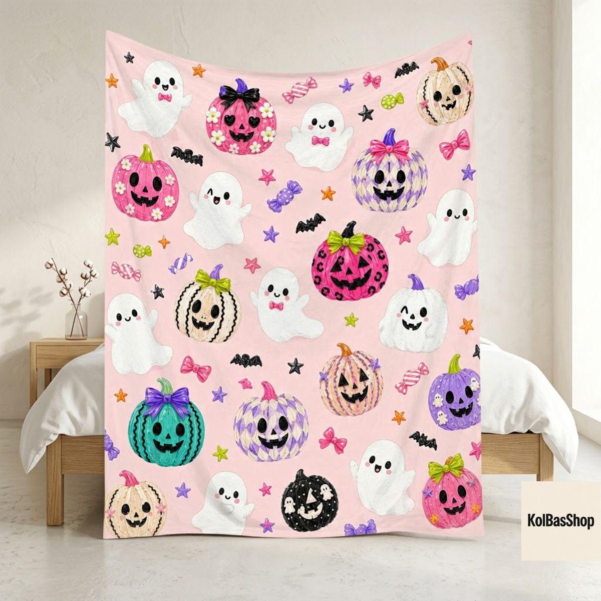 Cute Halloween Blanket, Pink Ghost Pumpkin Throw, Kawaii Jack O Lantern Design, Spooky Fall Home Decor, Halloween Gift for Kids