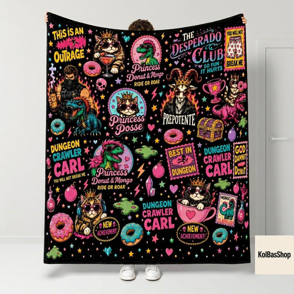Dungeon Crawler Carl Throw Blanket, Donut Mongo Fleece Blanket, Gamer Book Style Decor, LitRPG Sci Fi Gift, Fiction Fan Cozy Reading Throw
