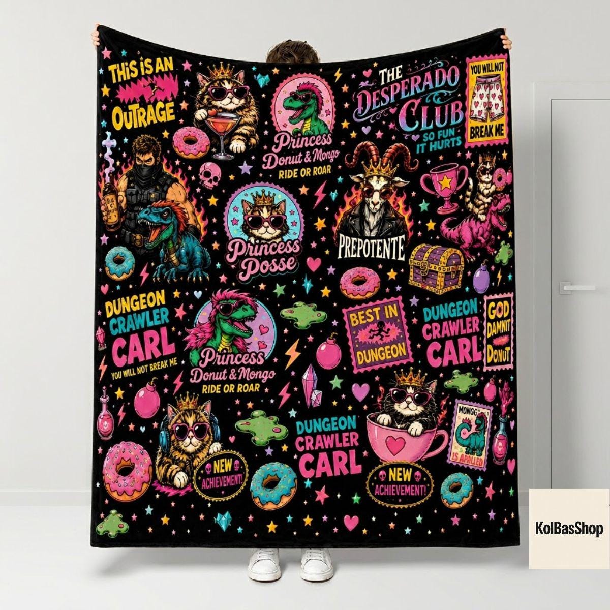 Dungeon Crawler Carl Throw Blanket, Donut Mongo Fleece Blanket, Gamer Book Style Decor, LitRPG Sci Fi Gift, Fiction Fan Cozy Reading Throw