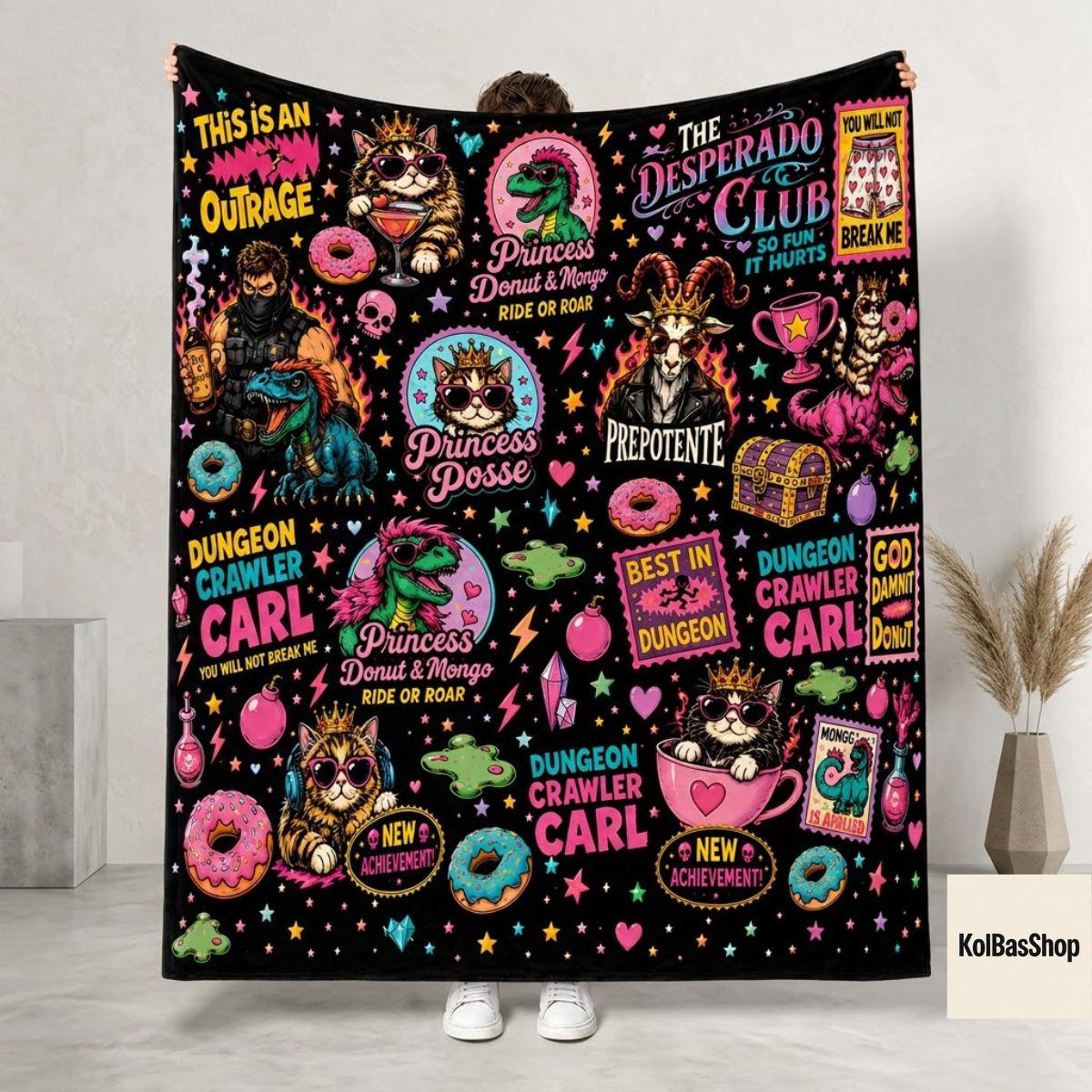 Dungeon Crawler Carl Throw Blanket, Donut Mongo Fleece Blanket, Gamer Book Style Decor, LitRPG Sci Fi Gift, Fiction Fan Cozy Reading Throw