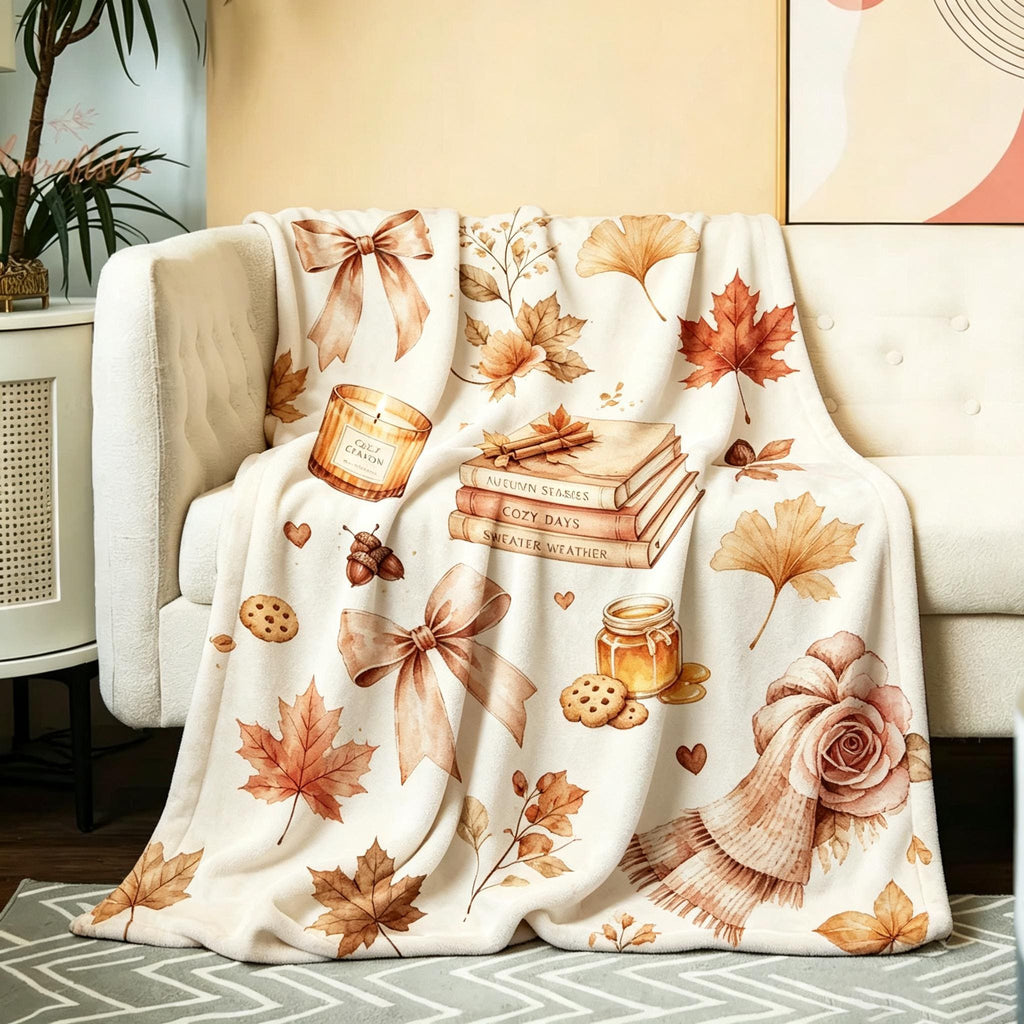 Cozy Reading Blanket, Book Lover Throw, Autumn Leaf Floral Print, Warm Fleece, Hygge Home Decor, Gift for Her