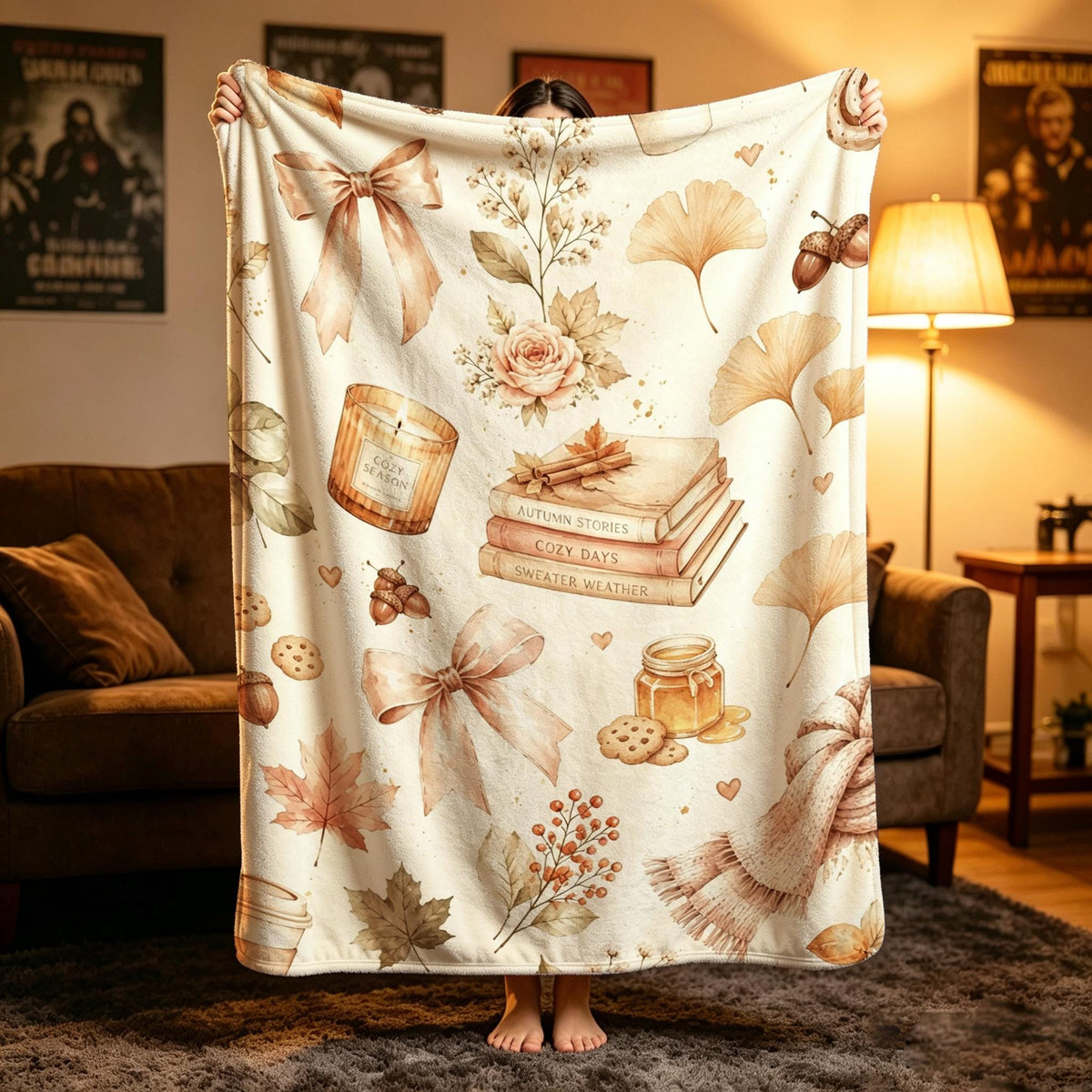 Cozy Reading Blanket, Book Lover Throw, Autumn Leaf Floral Print, Warm Fleece, Hygge Home Decor, Gift for Her