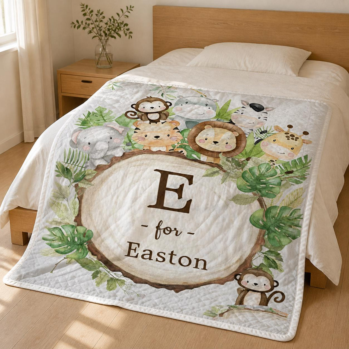 Personalized Safari Animal Quilt Blanket, Jungle Nursery Decor, Custom Baby Keepsake