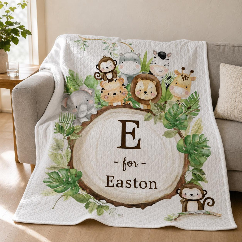 Personalized Safari Animal Quilt Blanket, Jungle Nursery Decor, Custom Baby Keepsake