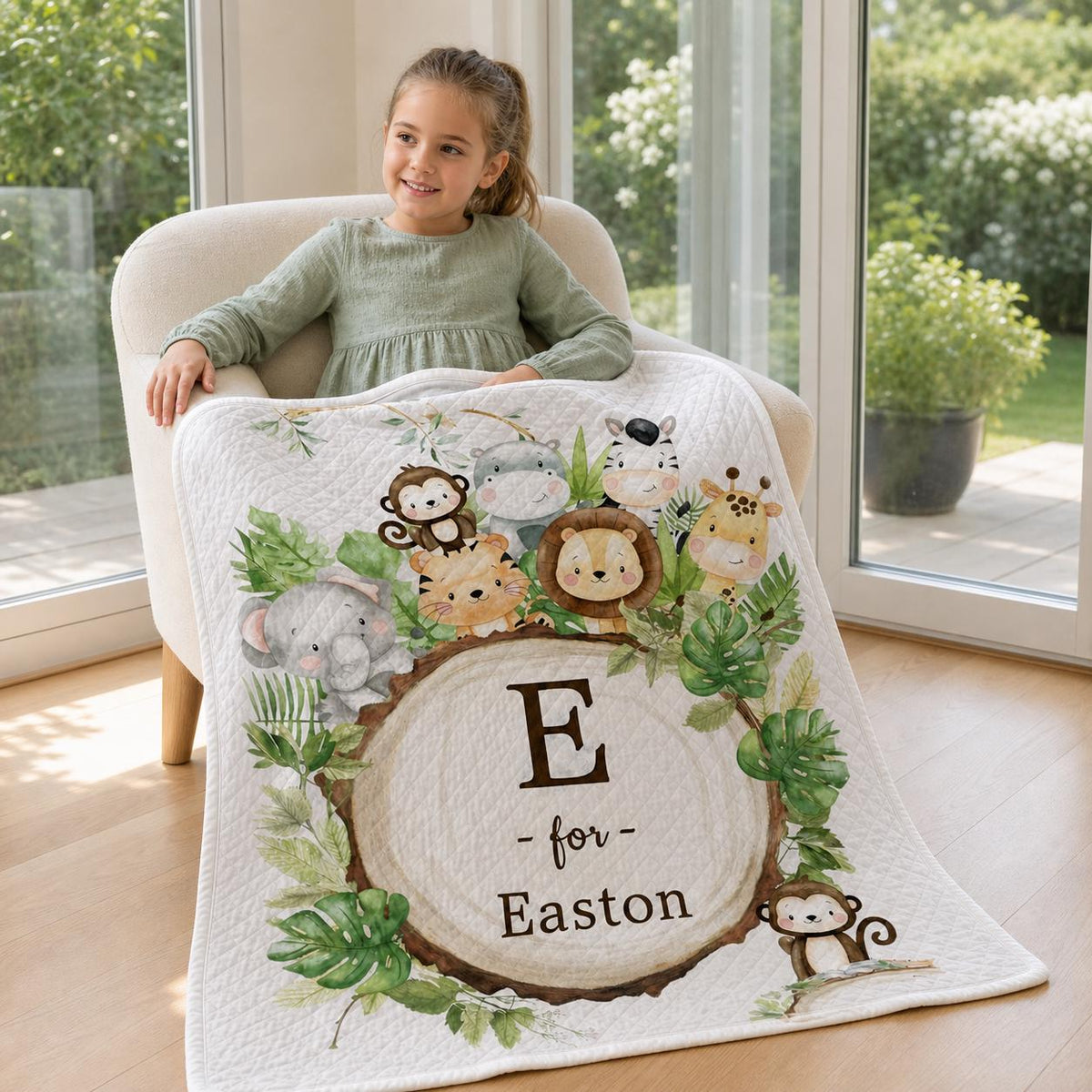 Personalized Safari Animal Quilt Blanket, Jungle Nursery Decor, Custom Baby Keepsake
