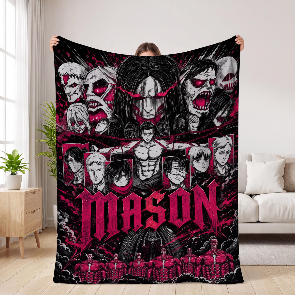 Personalized Anime AOT Blanket Custom Name Flannel SNK Throw Dark Fantasy Lover Gift Otaku Room Decor Teen Boy Birthday Gift Anime Merch