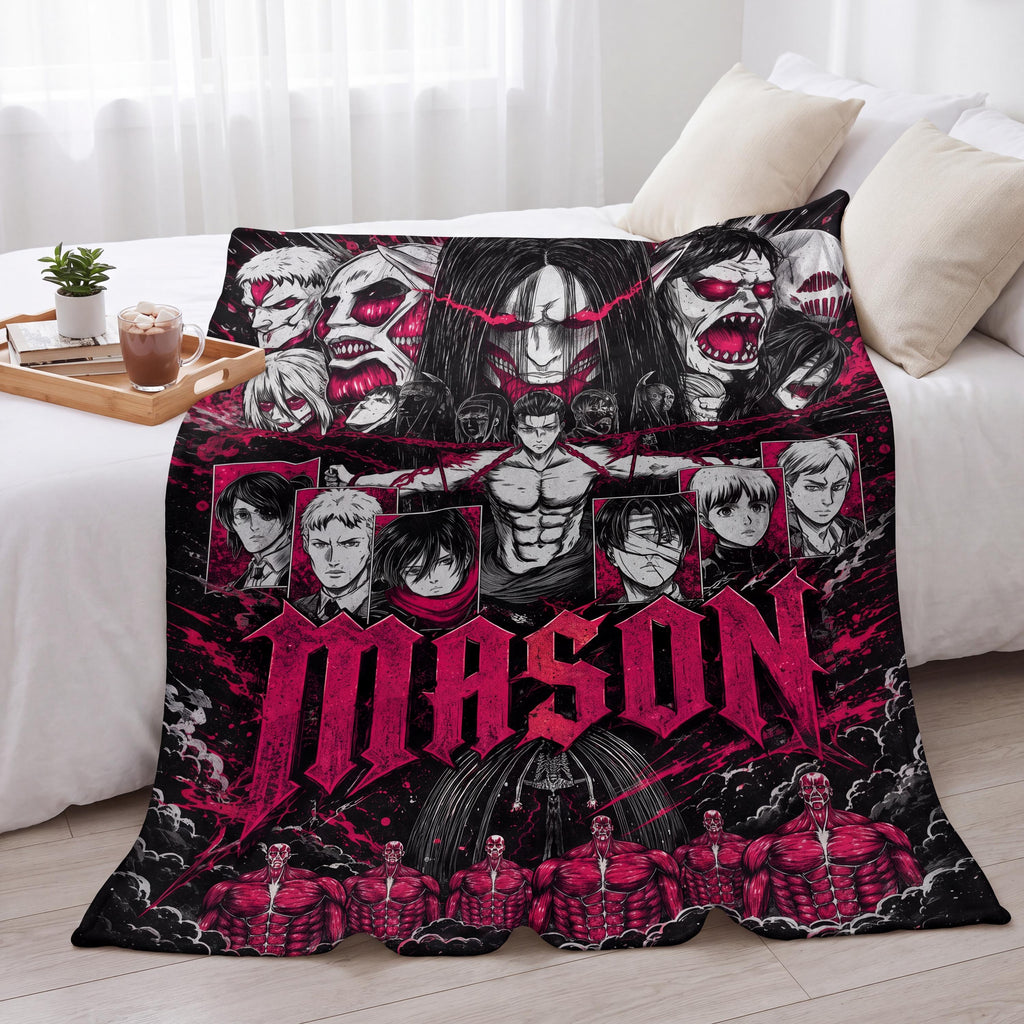 Personalized Anime AOT Blanket Custom Name Flannel SNK Throw Dark Fantasy Lover Gift Otaku Room Decor Teen Boy Birthday Gift Anime Merch