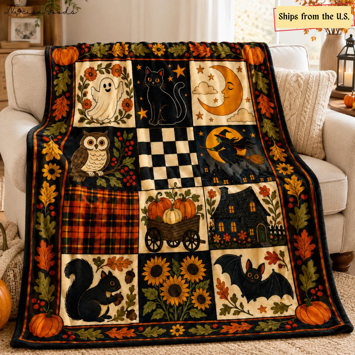 Vintage Halloween Flannel Blanket, Ghost Black Cat Pumpkin Throw, Witch Owl Bat Autumn Decor, Cottagecore Fall Blanket,Spooky Halloween Gift