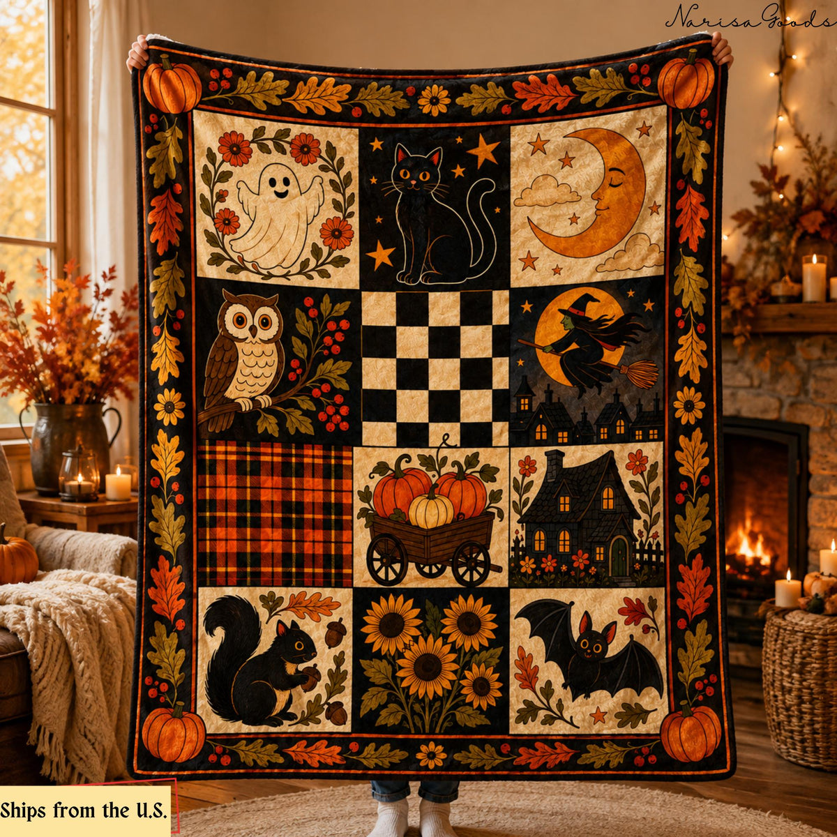 Vintage Halloween Flannel Blanket, Ghost Black Cat Pumpkin Throw, Witch Owl Bat Autumn Decor, Cottagecore Fall Blanket,Spooky Halloween Gift