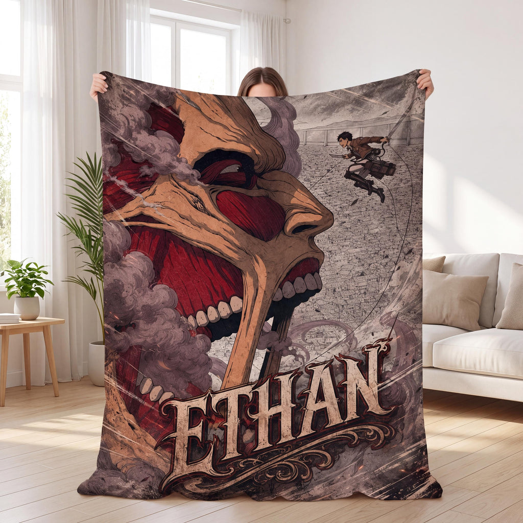 Custom Name AOT Blanket, Personalized SNK Anime Throw, Otaku Gaming Room Decor, Manga Fan Bedding, Colossal Art Gift for Teenage Boys