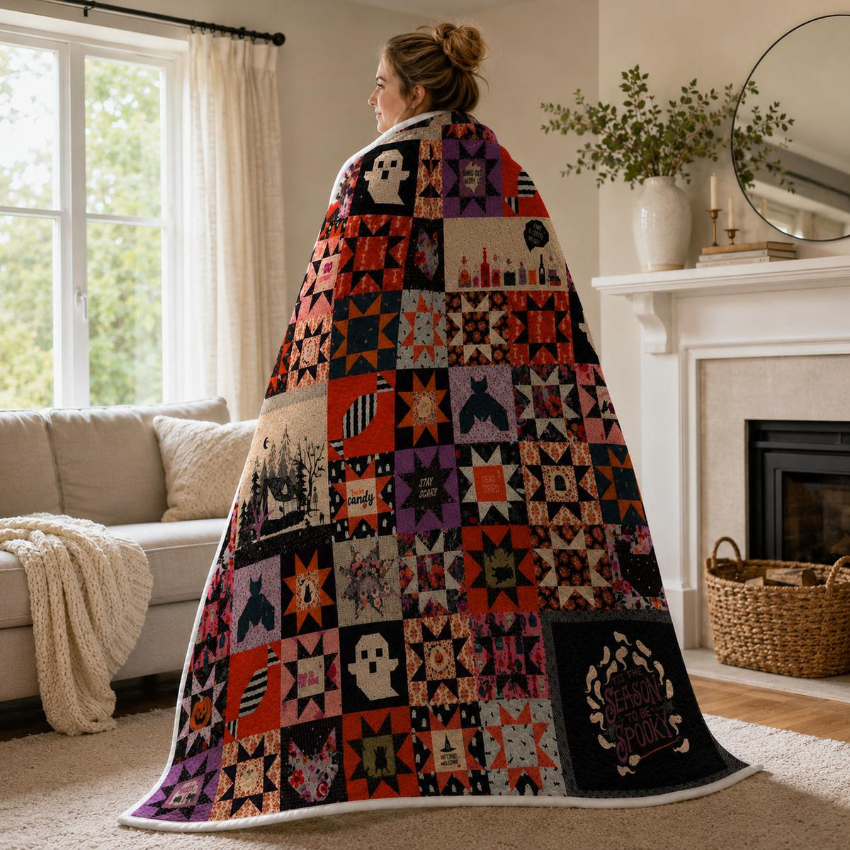 Halloween Patchwork Quilt Blanket, Spooky Ghost Pumpkin Witch Throw, Cozy Fall Decor