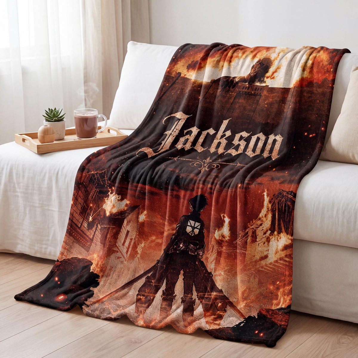 Personalized AOT SNK Flannel Blanket Custom Name Anime Lover Gift Epic Giant Monster Wall Scene Throw Cozy Japanese Animation Bedding