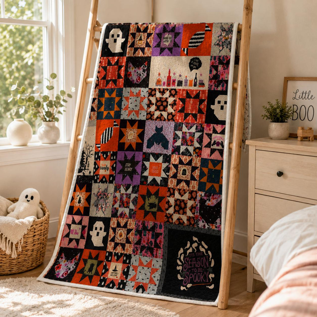 Halloween Patchwork Quilt Blanket, Spooky Ghost Pumpkin Witch Throw, Cozy Fall Decor