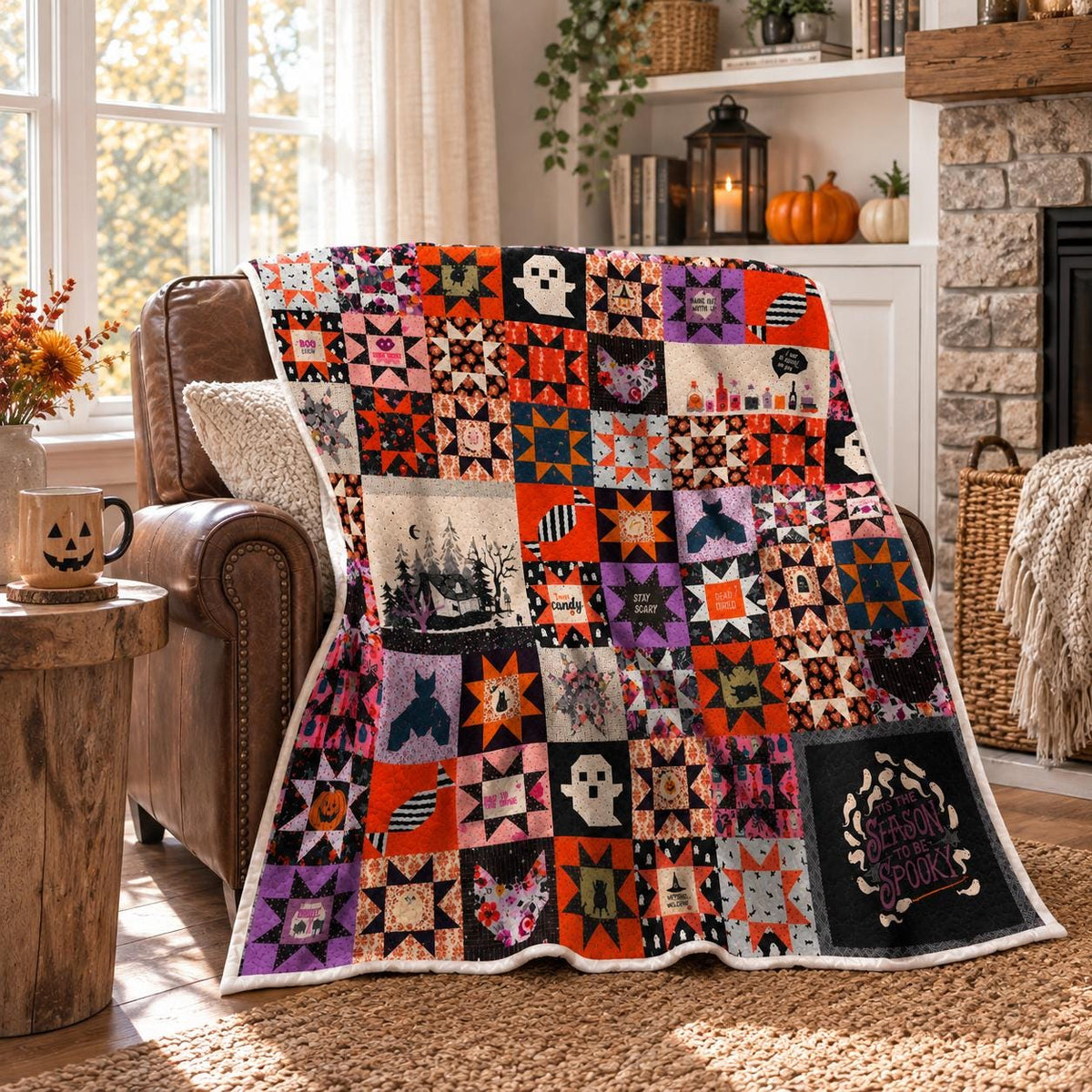 Halloween Patchwork Quilt Blanket, Spooky Ghost Pumpkin Witch Throw, Cozy Fall Decor