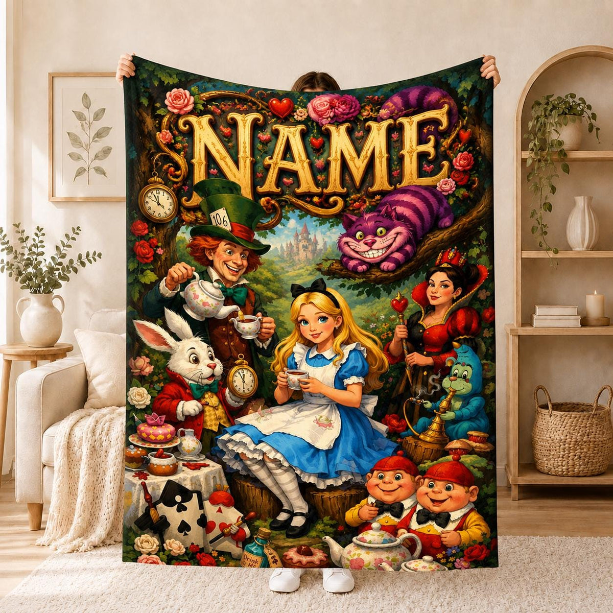 Wonderland Fairy Tale Fans Custom Name Blanket Soft Throw, Magical Character Print