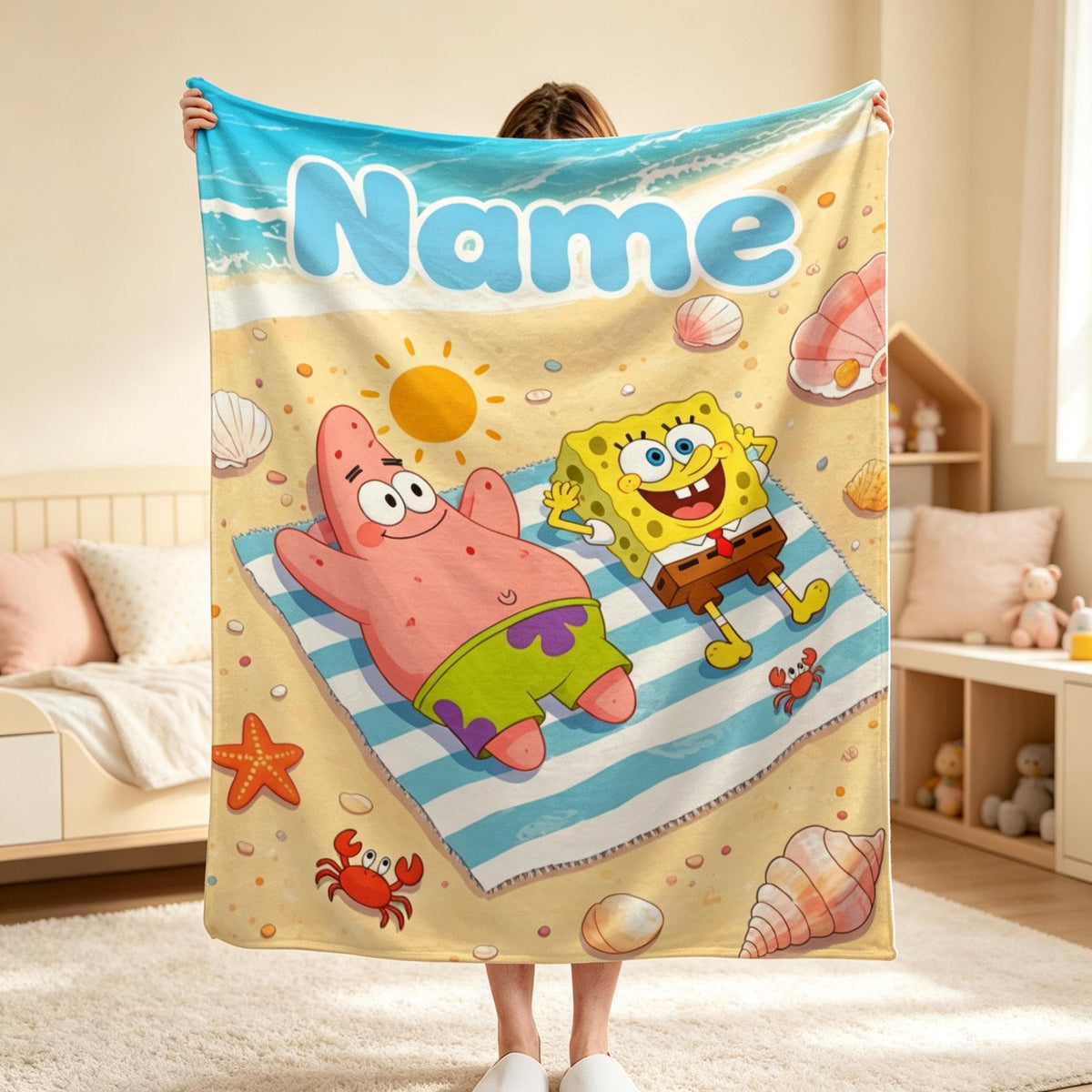 Personalized Kids Blanket, Custom Name Throw Blanket, Cartoon Ocean Theme Blanket, Cute Birthday Gift for Children, Cozy Soft Blanket
