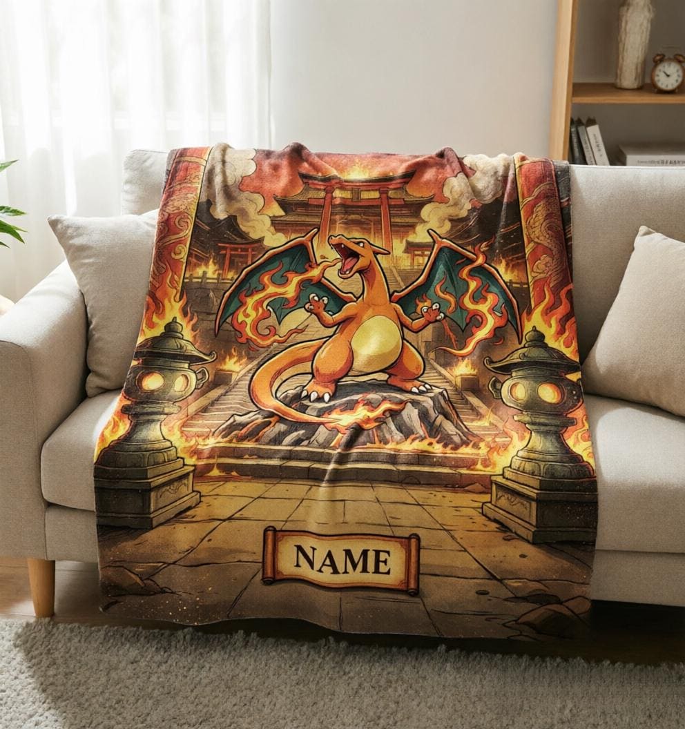 Custom Name Charizard Shrine Art Blanket Soft Throw, Pokemon Fan Personalized Gift