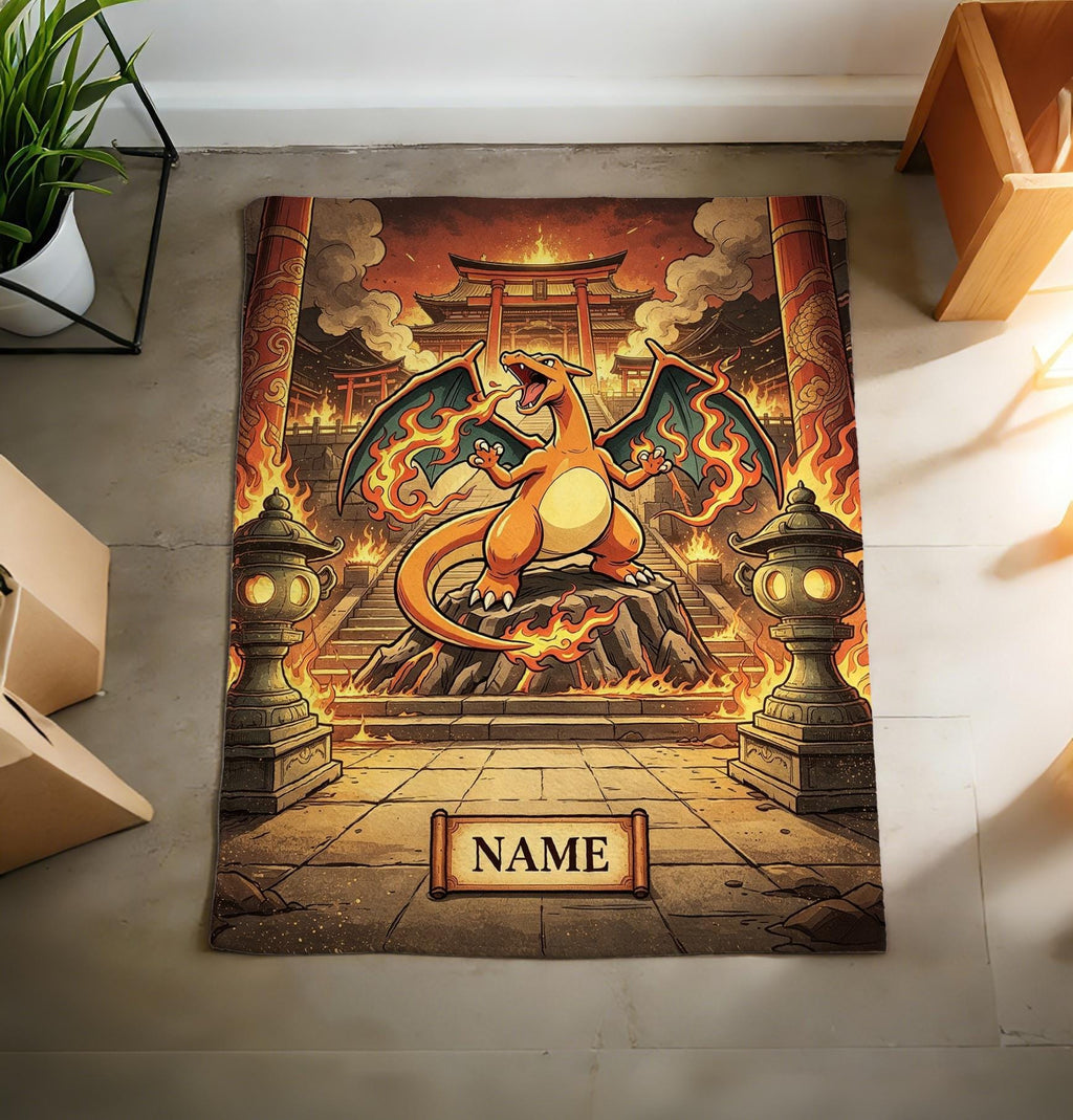 Custom Name Charizard Shrine Art Blanket Soft Throw, Pokemon Fan Personalized Gift