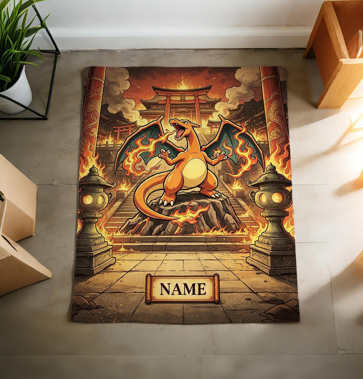 Custom Name Charizard Shrine Art Blanket Soft Throw, Pokemon Fan Personalized Gift