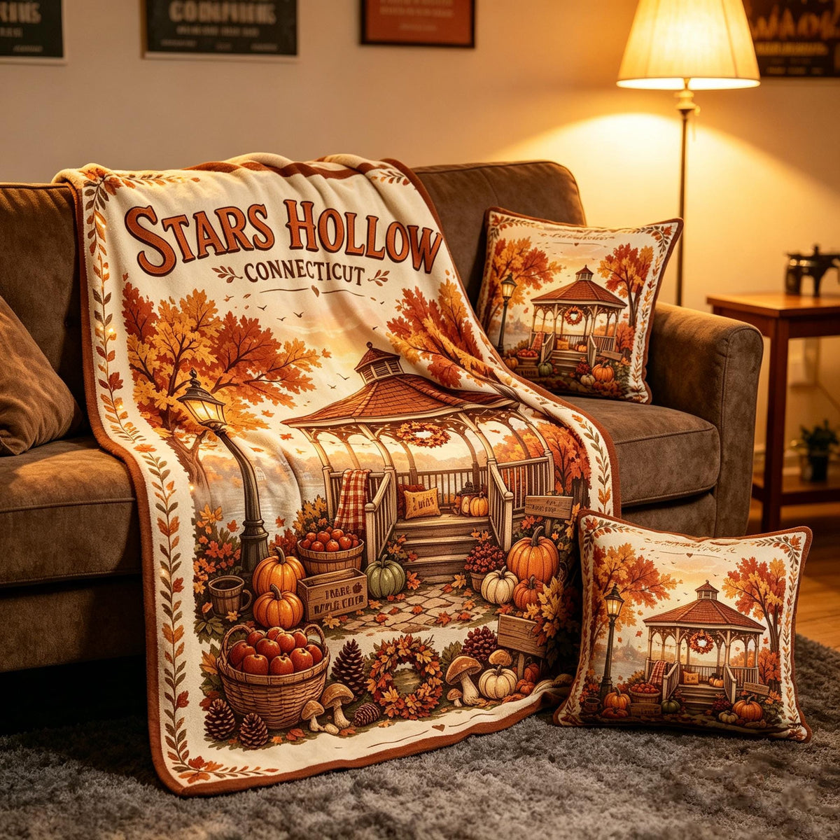 Stars Hollow Blanket, Cozy Fall Lover Blanket, Autumn Gazebo Throw, Small Town Flannel, Vintage Coffee Decor, Pumpkin Season Home Decor Gift