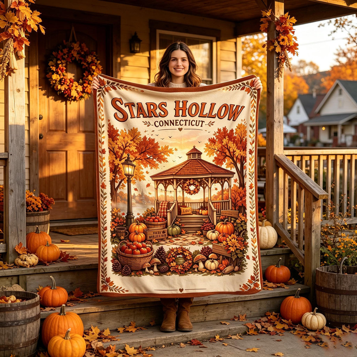 Stars Hollow Blanket, Cozy Fall Lover Blanket, Autumn Gazebo Throw, Small Town Flannel, Vintage Coffee Decor, Pumpkin Season Home Decor Gift