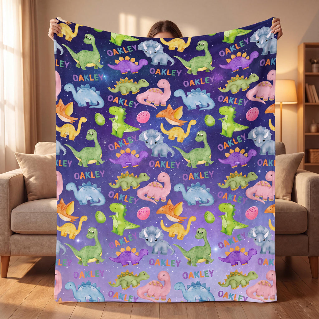 Personalized Dinosaur Blanket for Boys, Custom Name Dino Throw, Space Dinosaur Nursery Bedding, Toddler Boy Gift, Soft Flannel Fleece