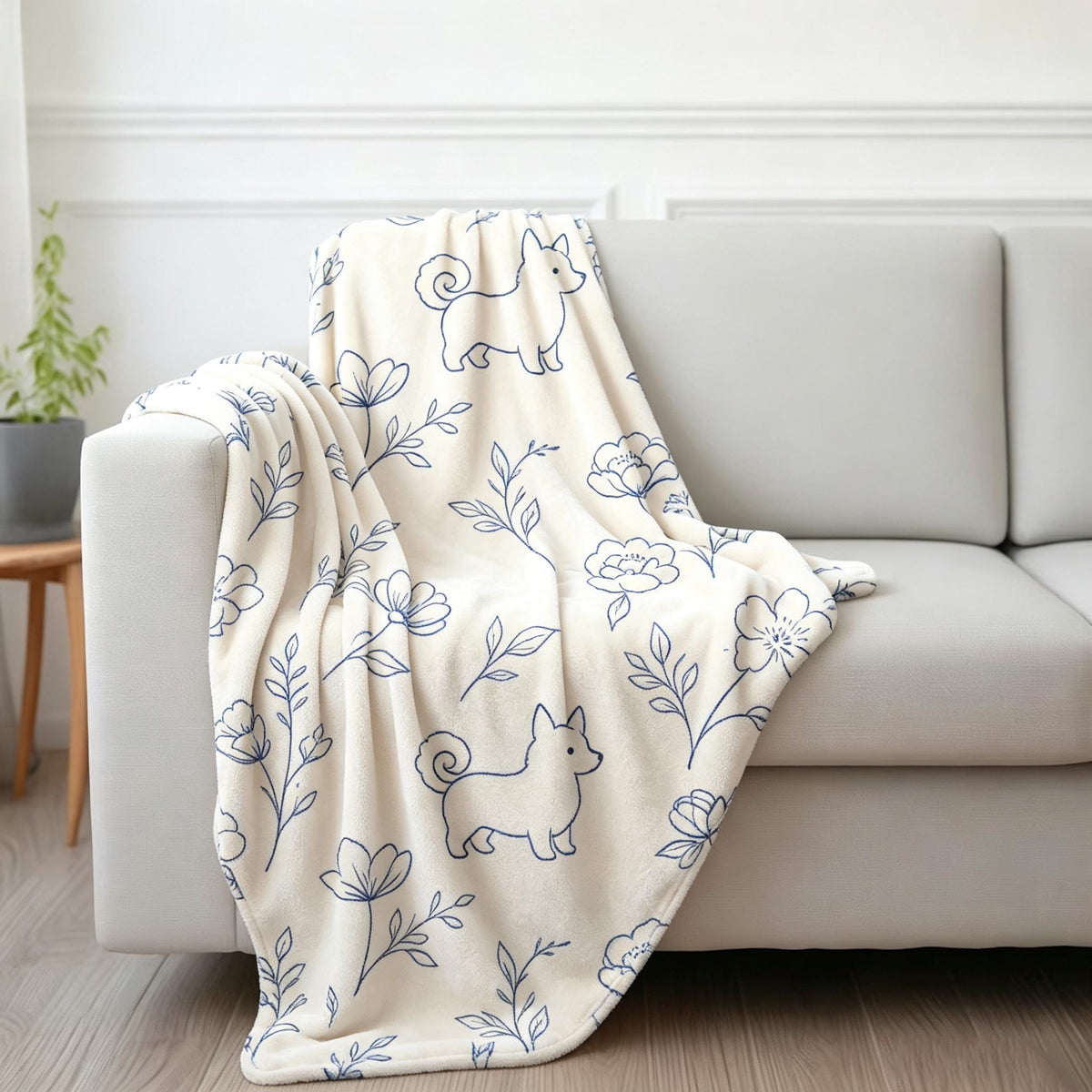 Dog Floral Blanket, Blue Line Art Throw, Spring Summer Flannel, Cute Pet Lover Gift, Cozy Home Decor