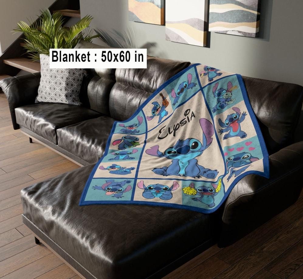 Personalized Stitch Fleece Blanket, Stitch Cartoon Movie Birthday Gifts Blanket, Disneyland Christmas Gifts, Lilo and Stitch Family Present