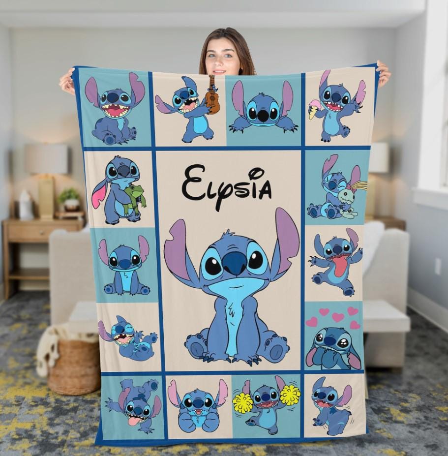Personalized Stitch Fleece Blanket, Stitch Cartoon Movie Birthday Gifts Blanket, Disneyland Christmas Gifts, Lilo and Stitch Family Present