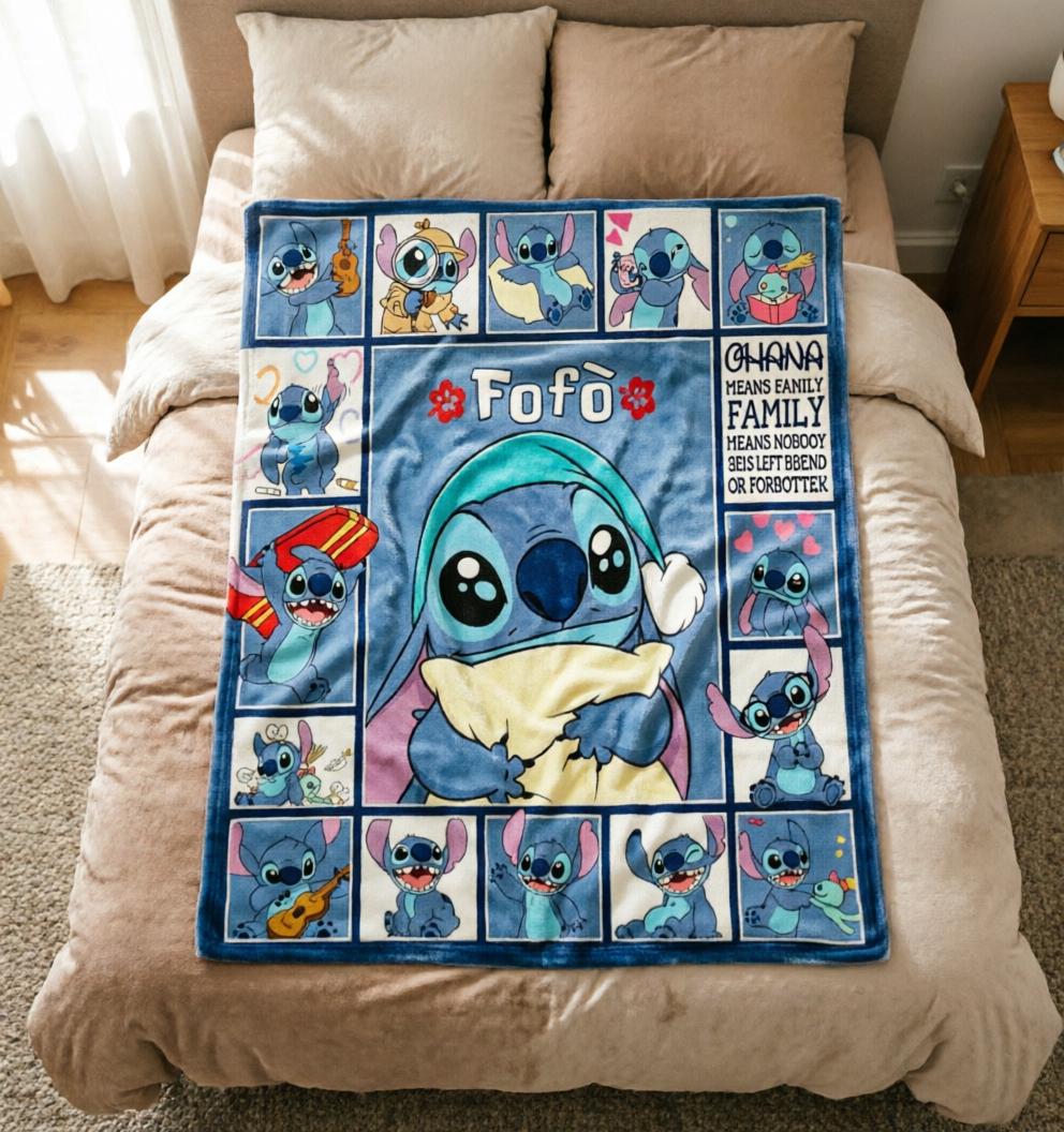 Adorable Multi‑Expression Stitch Blanket Soft Throw, Customized Name Cartoon Fleece Throw for Bedroom Decor