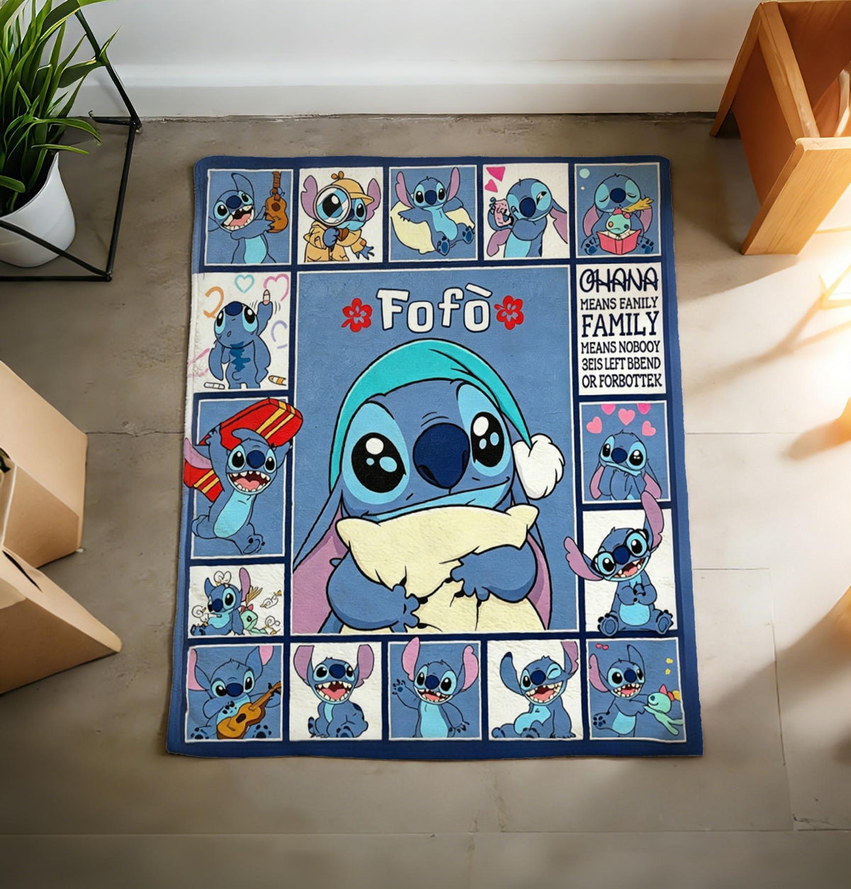 Adorable Multi‑Expression Stitch Blanket Soft Throw, Customized Name Cartoon Fleece Throw for Bedroom Decor