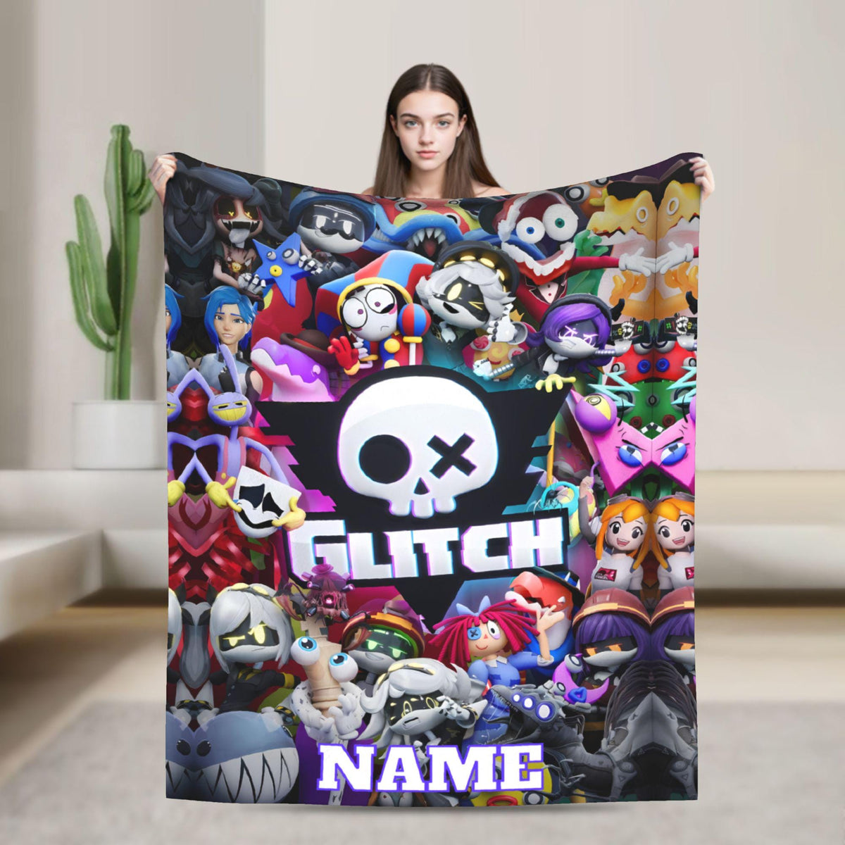 Personalized Digital Circus Style Flannel Blanket, Custom Name Colorful Cartoon Throw, Soft Cozy Kids Blanket, Gamer Room Gift