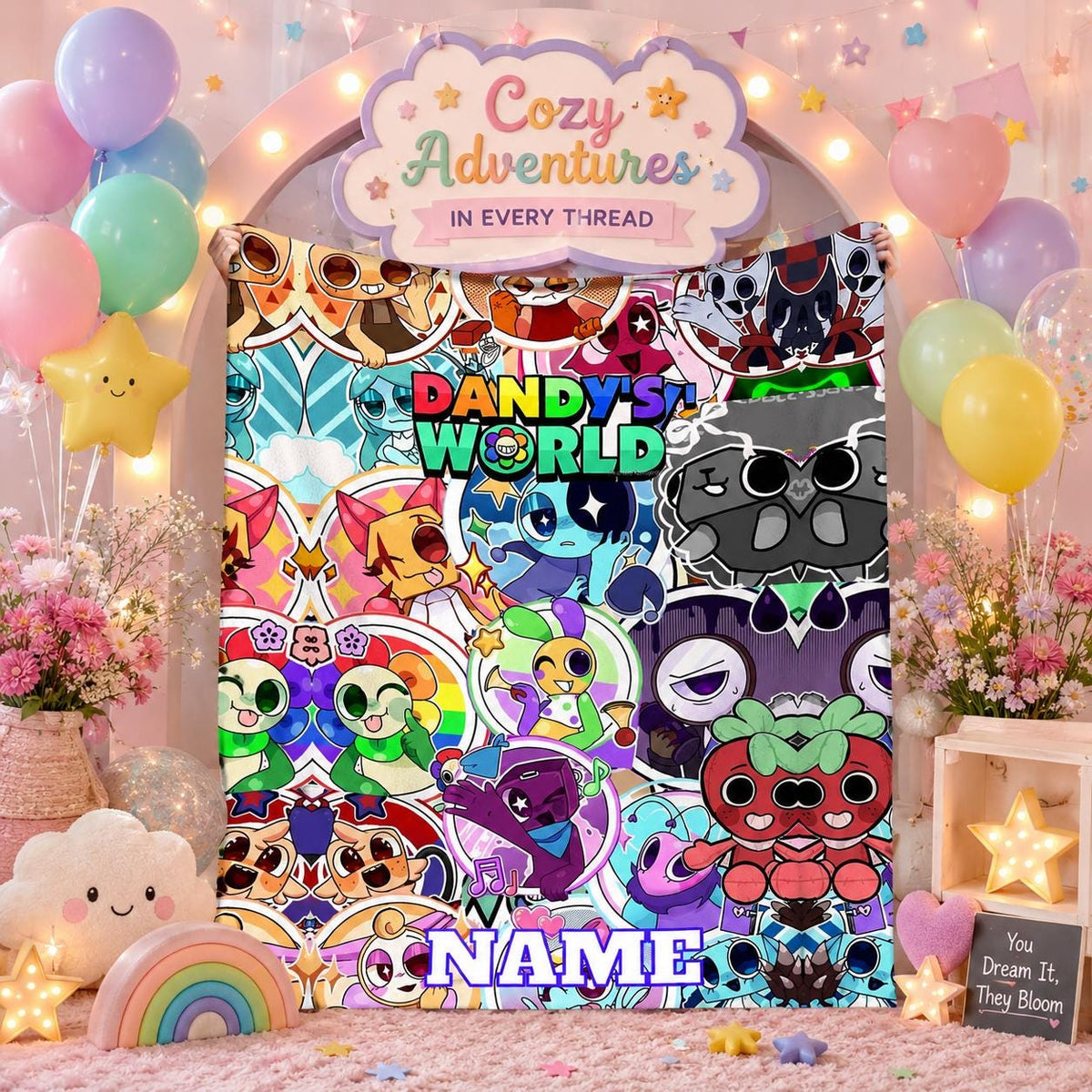 Personalized Colorful Cartoon Flannel Blanket, Custom Name Cute Character Throw, Soft Cozy Kids Blanket, Bedroom Sofa Travel Gift