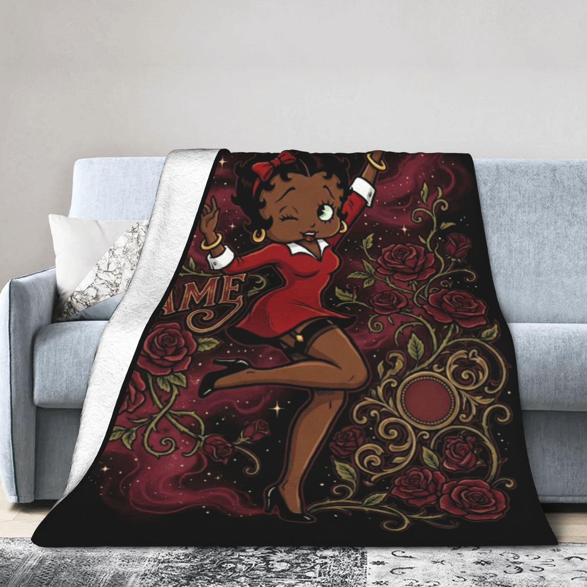 Customizable Betty Boop Red Dress Blanket: Dark Roses, Smoke Fleece Throw