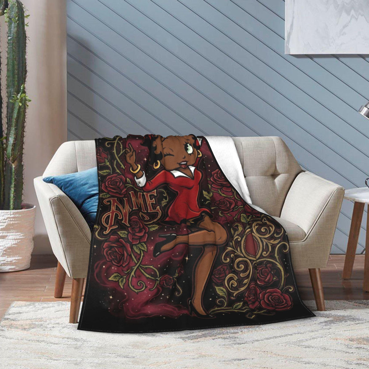 Customizable Betty Boop Red Dress Blanket: Dark Roses, Smoke Fleece Throw