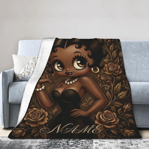 Betty Boop Sepia Portrait Flannel Blanket: Black Dress, Pearls, Roses – Cozy Home Decor