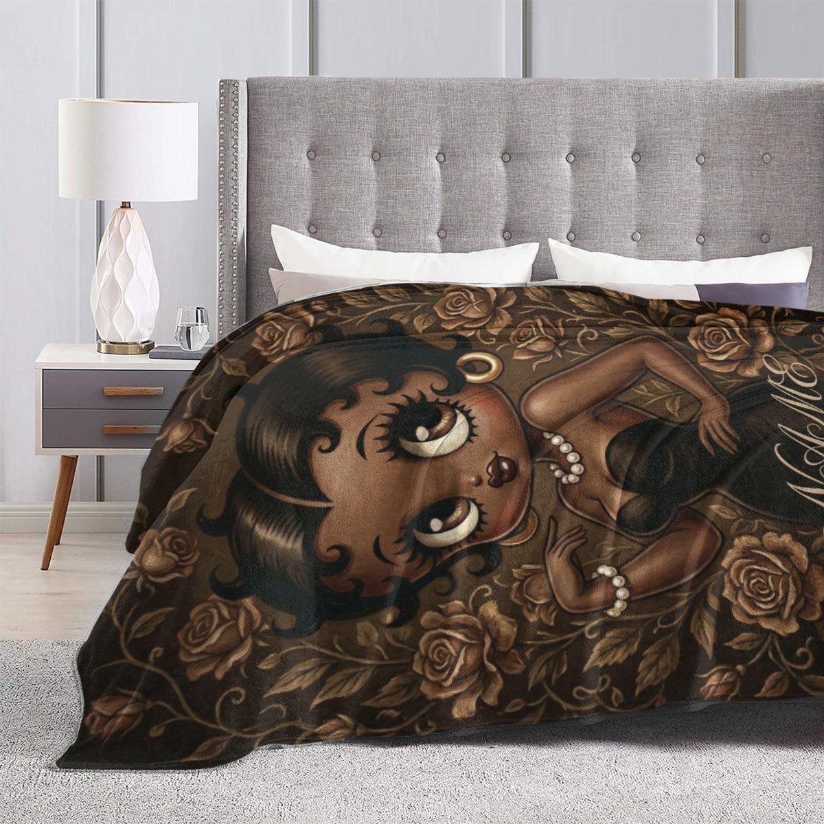 Betty Boop Sepia Portrait Flannel Blanket: Black Dress, Pearls, Roses – Cozy Home Decor