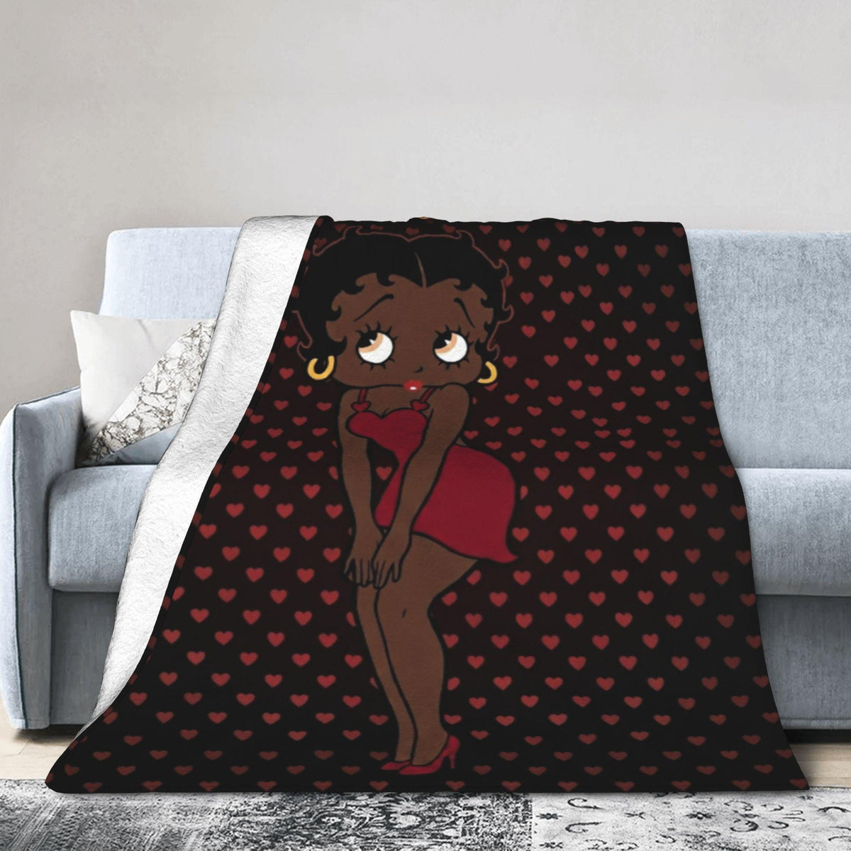 Personalized Betty Boop Heart Pattern Flannel Blanket Cute Red Dress & High Heels Soft Throw for Sofa