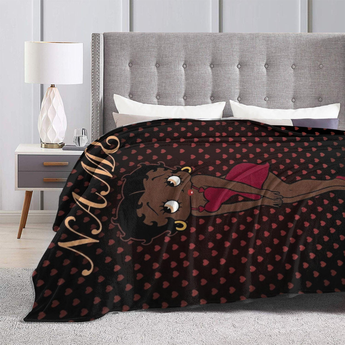 Personalized Betty Boop Heart Pattern Flannel Blanket Cute Red Dress & High Heels Soft Throw for Sofa